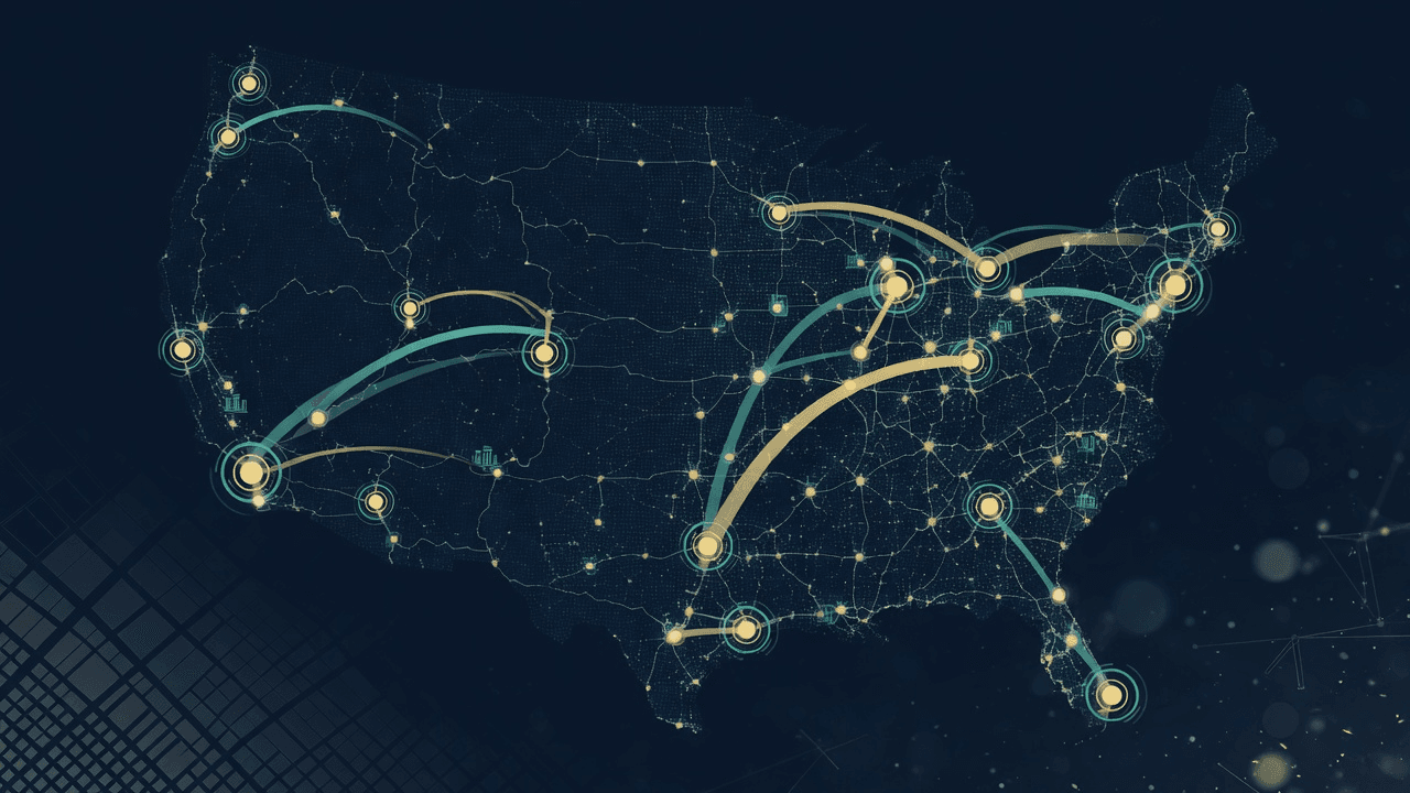 Abstract hotel market visibility map with travel demand signals and location markers.