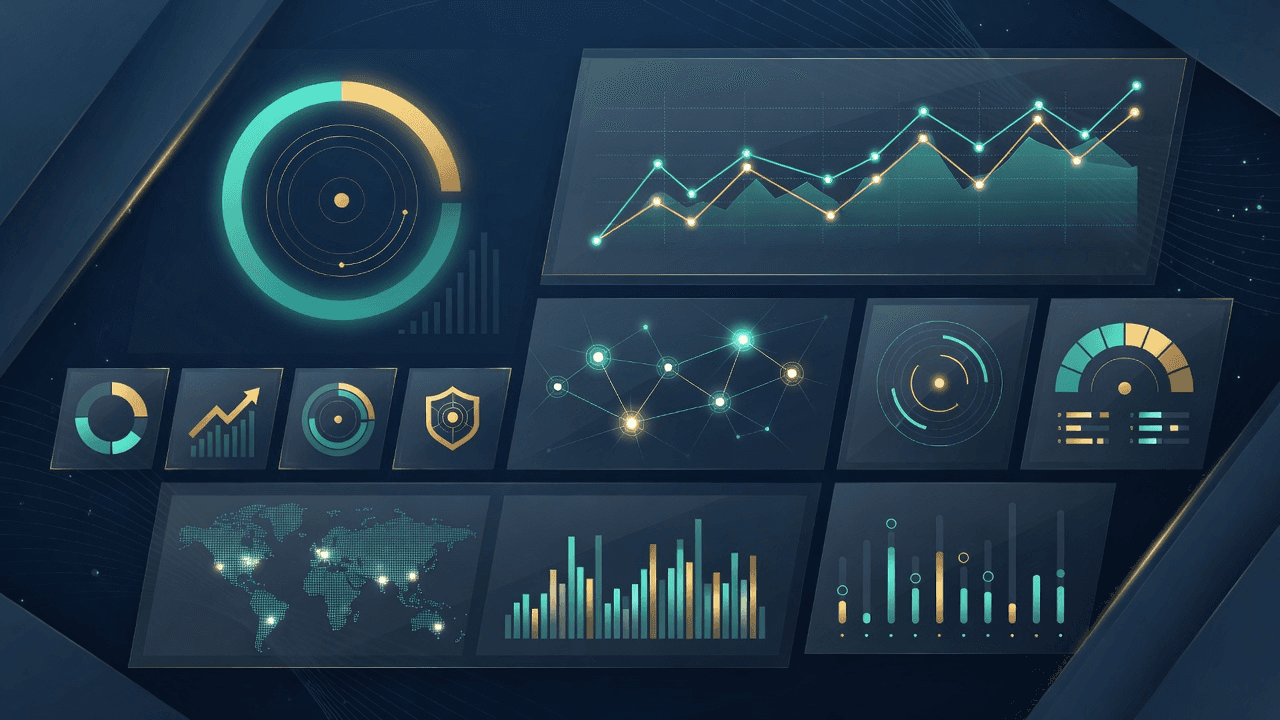 Abstract monthly AI travel visibility index dashboard for hotel market intelligence.